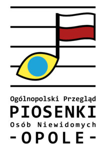 Na białym tle pięciolinia. Na niej znajduje się ósemka. Brzuszek nuty przypomina oko z niebieską tęczówką, a wieńczący ją prostokąt to biało-czerwona flaga. Na dole napis: Ogólnopolski Przegląd Piosenki Osób Niewidomych. Opole