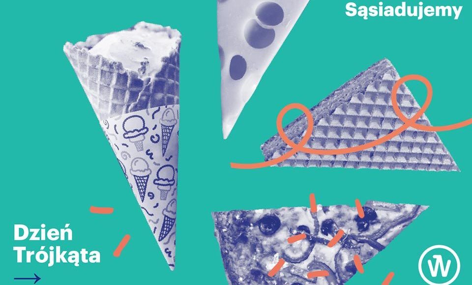Oficjalny plakat wydarzenia - po lewej stronie napis Dzień Trójkąta. Na środku rożek, pizza, wafelek
