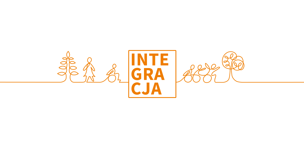 Logo Integracji - na białym tle kwadrat w pomarańczowej obwódce, w środku napis ułożony w trzech poziomach (kolejność od góry: INTE-GRA-CJA). Obok kilka piktogramów przedstawiających drzewa i osoby na wózkach inwalidzkich. Fot. integracja.org