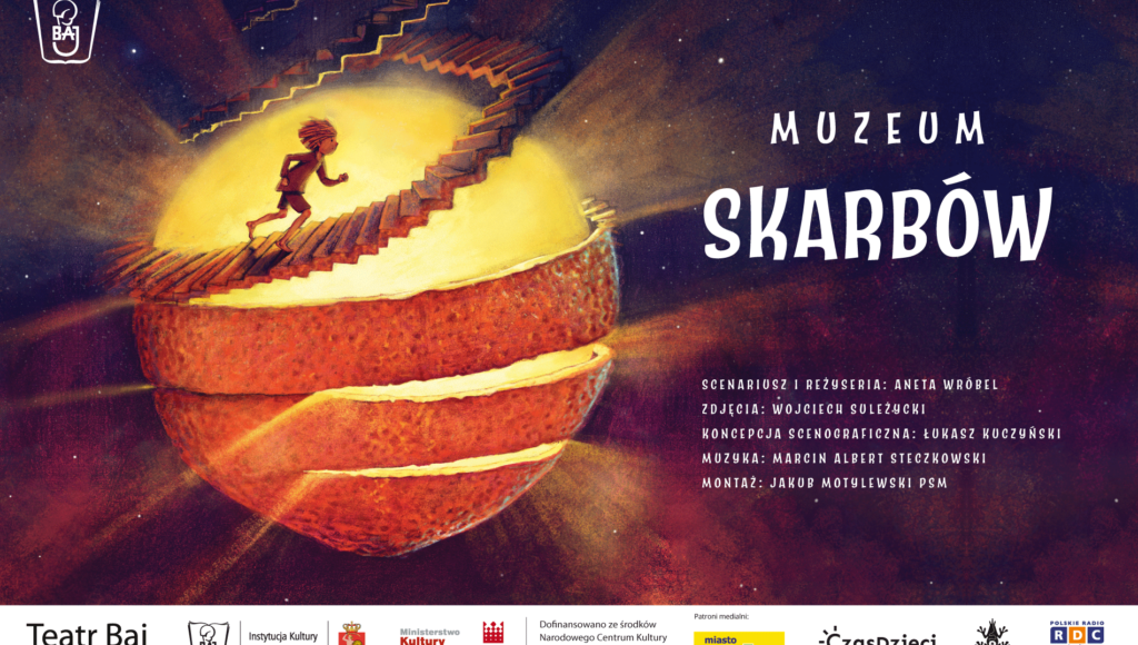 plakat spektaklu: mały chłopiec biegnie po kręconych schodach wokół świetlistej kuli, która przypomina słońce
