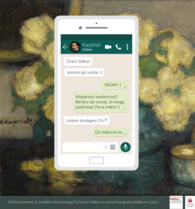 widać ekran smartfona i rozmowę smsową z Alfonsem Karpińskim, który informuje nas, że galeria jest już otwarta