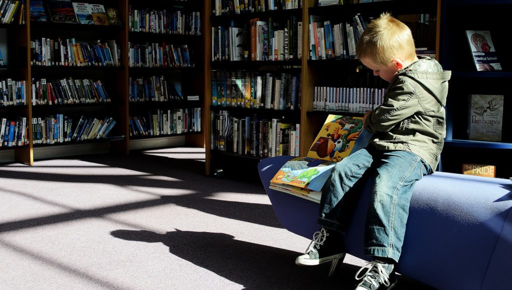 mały chłopiec siedzi na kanapie w świetlicy lub bibliotece i przegląda książkę z obrazkami, wokół niego jest dużo regałów z książkami