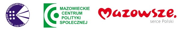 Trzy logotypy: Polskiego Związku Niewidomych, Mazowieckiego Centrum Polityki Społecznej i Mazowsza.