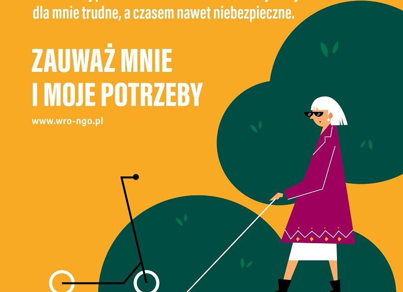Pani z białą laską i napis: Zauważ mnie i moje potrzeby