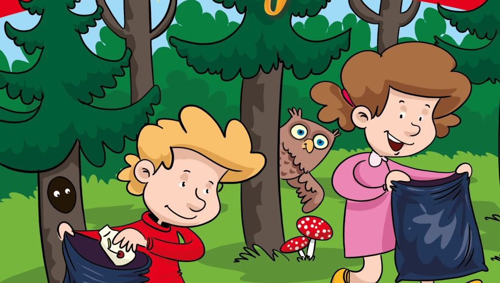 okładka Promyczka nr 5/2021; dzieci sprzątają las, pod spodem napis "Dbajmy o planetę"