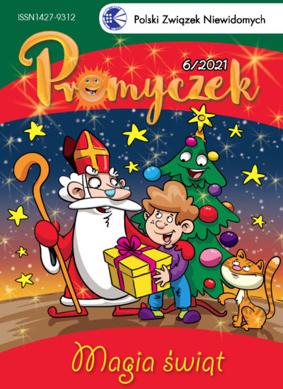 okładka Promyczka nr 6/2021; chłopiec stoi i trzyma prezent, który dostał od św. Mikołaja, za nimi stoi choinka, pod którą siedzi kot i chce strącić bombkę; dużo gwiazd naokolo, na dole podpis "Magia świąt"