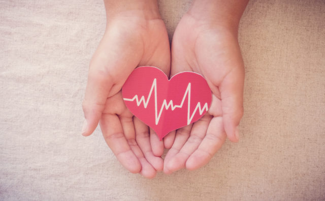 Rysunek symbliczny w dłoniach leży serce, gdzie zaznaczony jest kardiogram