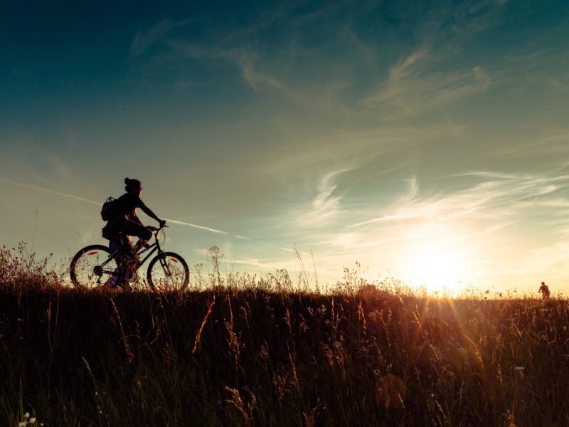 Kobieta jedzie na rowerze wzdłuż łąki