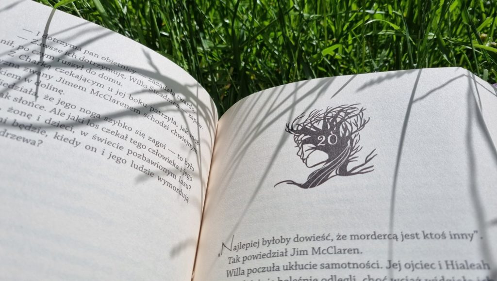 otwarta książka "Willa, dziewczyna z Mrocznej Jamy" leży na trawie, świeci na nią słońce