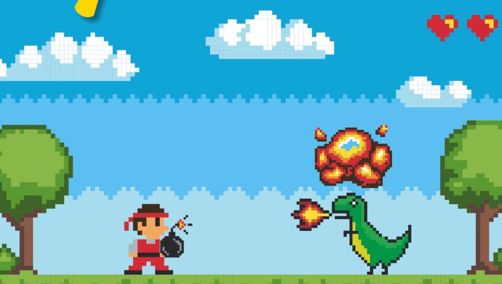 okładka "Pod lupą" nr 4/2022: na niej grafika w stylu pixel art, jak ze starej gry komputerowej, postać w stroju karateki trzyma bombę, przed nią stoi smok i zieje ogniem, nad nim kłęby ognia i dymu, jak od wybuchu bomby, naokoło drzewka i chmury na niebie, w prawym górnym rogu widać dwa serduszka oznaczające życia, które pozostały karatece