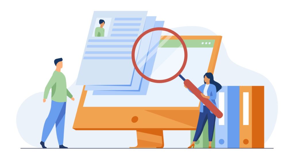 grafika przedstawiająca duży monitor z wyświetlonym CV, obok stoi znacznie mniejszy od monitora kandydat, a po drugiej stronie osoba, która rekrutuje z wielką lupą; ma ją skierowaną na CV kandydata
