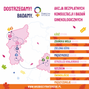 infografika: mapa Polski z trasą mobilnego gabinetu, obok rozpisany harmonogram trasy, czyli miasto, a obok data, kiedy pojawi się w danej miejscowości