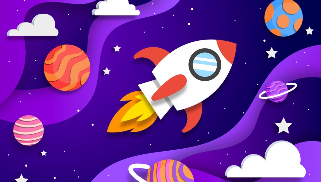 grafika przedstawiająca rakietę lecącą przez kosmos pośród planet i chmur