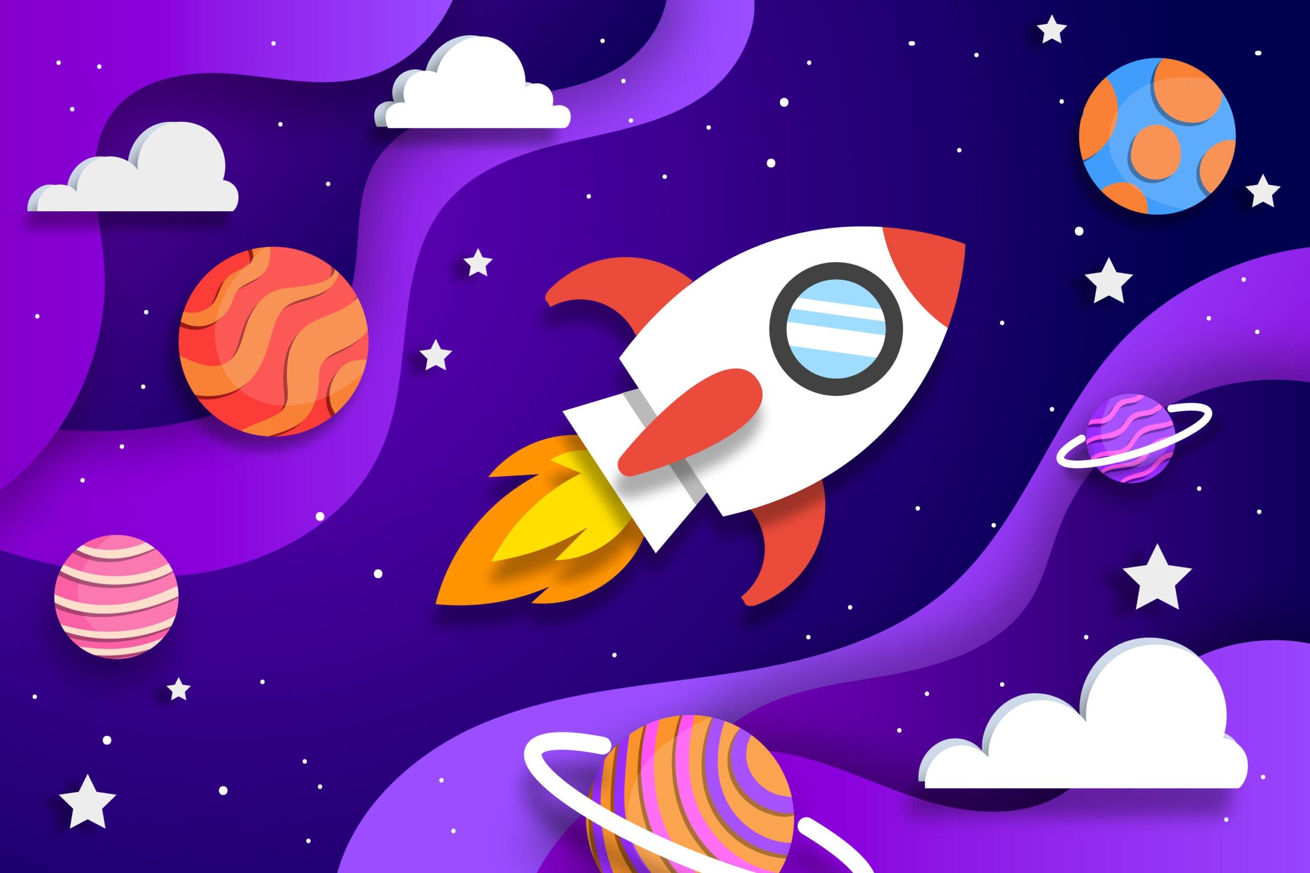 grafika przedstawiająca rakietę lecącą przez kosmos pośród planet i chmur