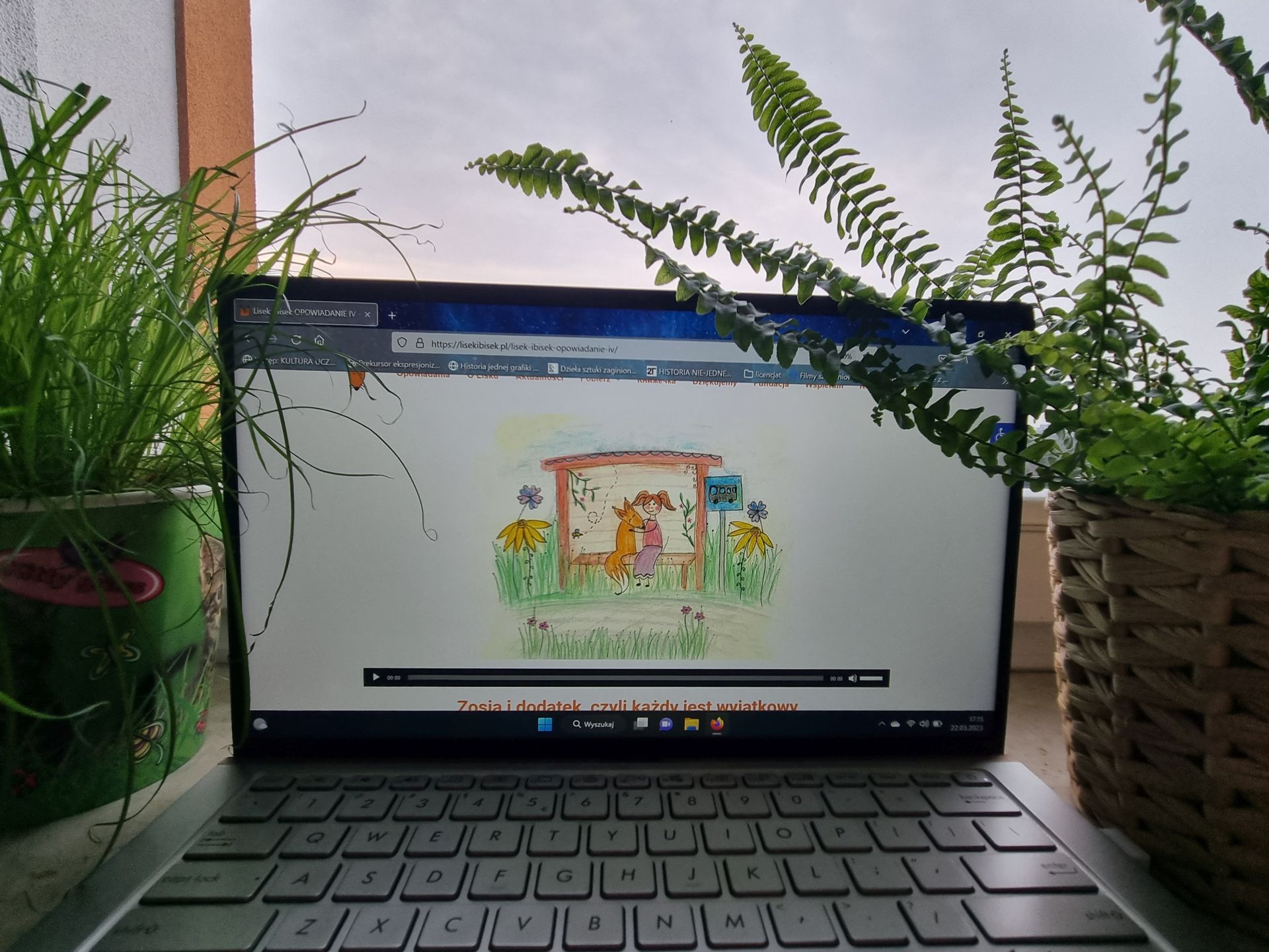 laptop stoi na parapecie, za nim jest okno, po jego lewej i prawej stronie stoi kwiatek, na ekranie komputera widać stronę z opowiadaniami o Lisku Ibisku