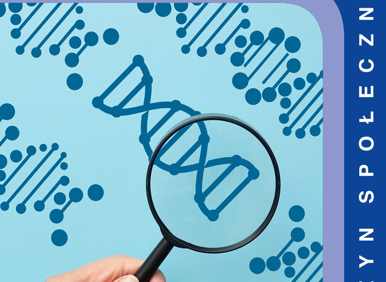 Okładka czasopisma. Na głównym zdjęciu dłoń trzymająca lupę powiększająca sekwencję DNA.