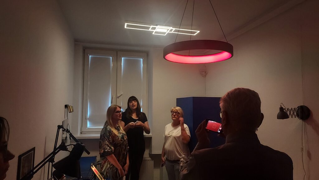 Goście zwiedzają Pracownię Doboru Oświetlenia.