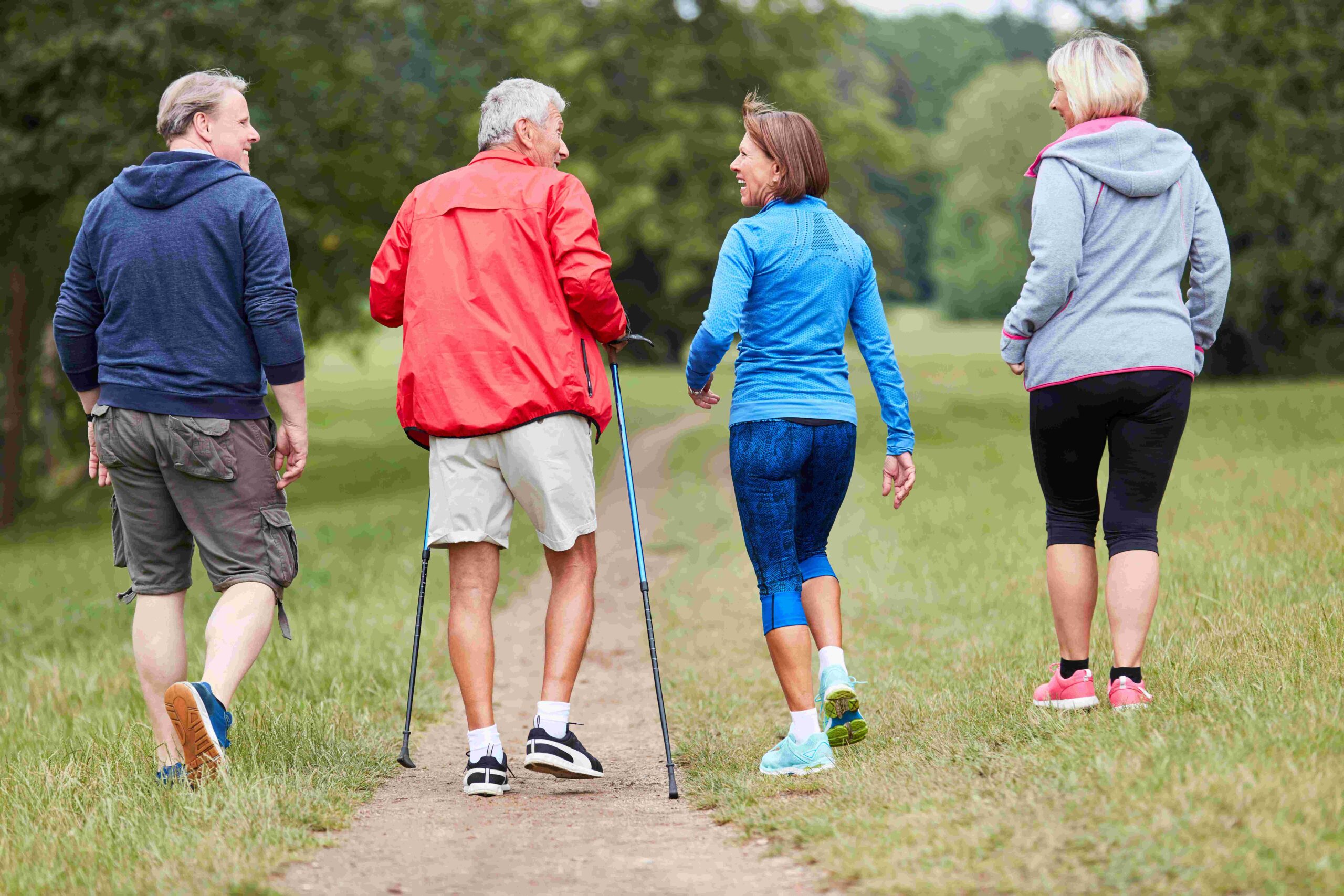 Czwórka seniorów w strojach sportowych idzie ścieżką leśną.
