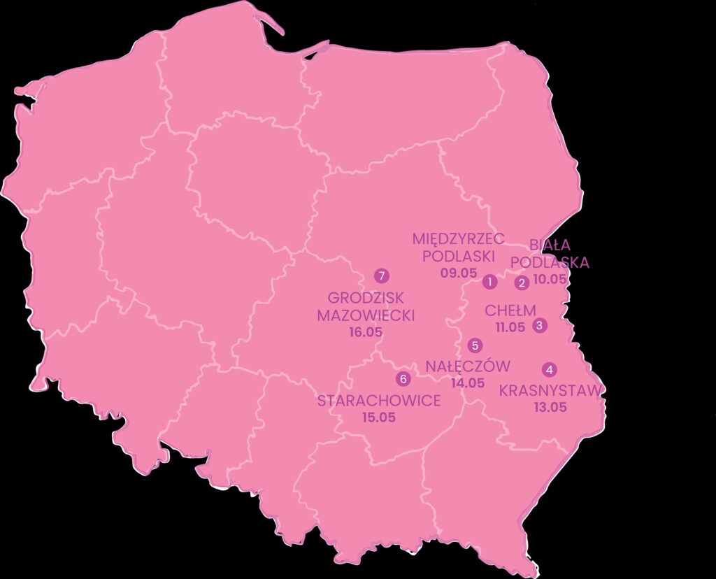 Mapa z zaznaczonymi datami badań w siedmiu miastach w województwach: lubelskim, świętokrzyskim i mazowieckim, do których przyjedzie Mobilny Gabinet Ginekologiczny. 