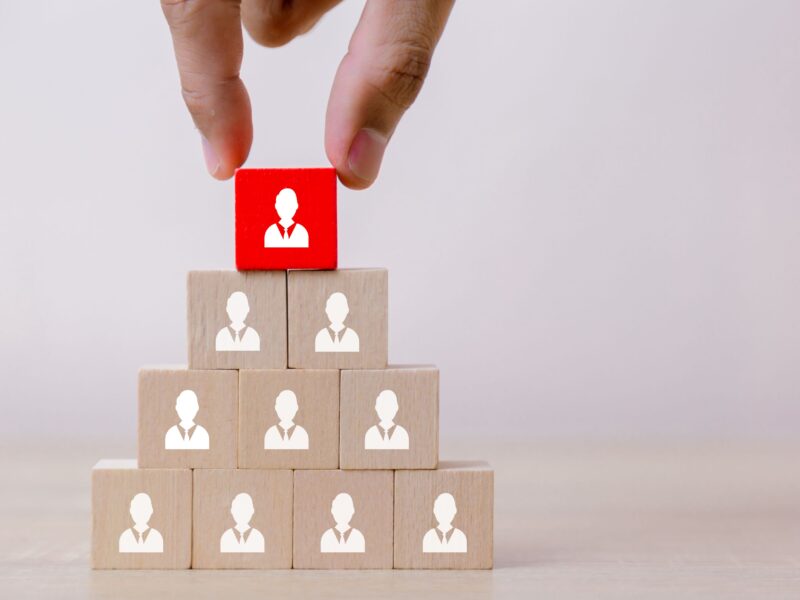 Piramida z klocków. Klocki mają ikonki osób. Razem tworzą grono osób.