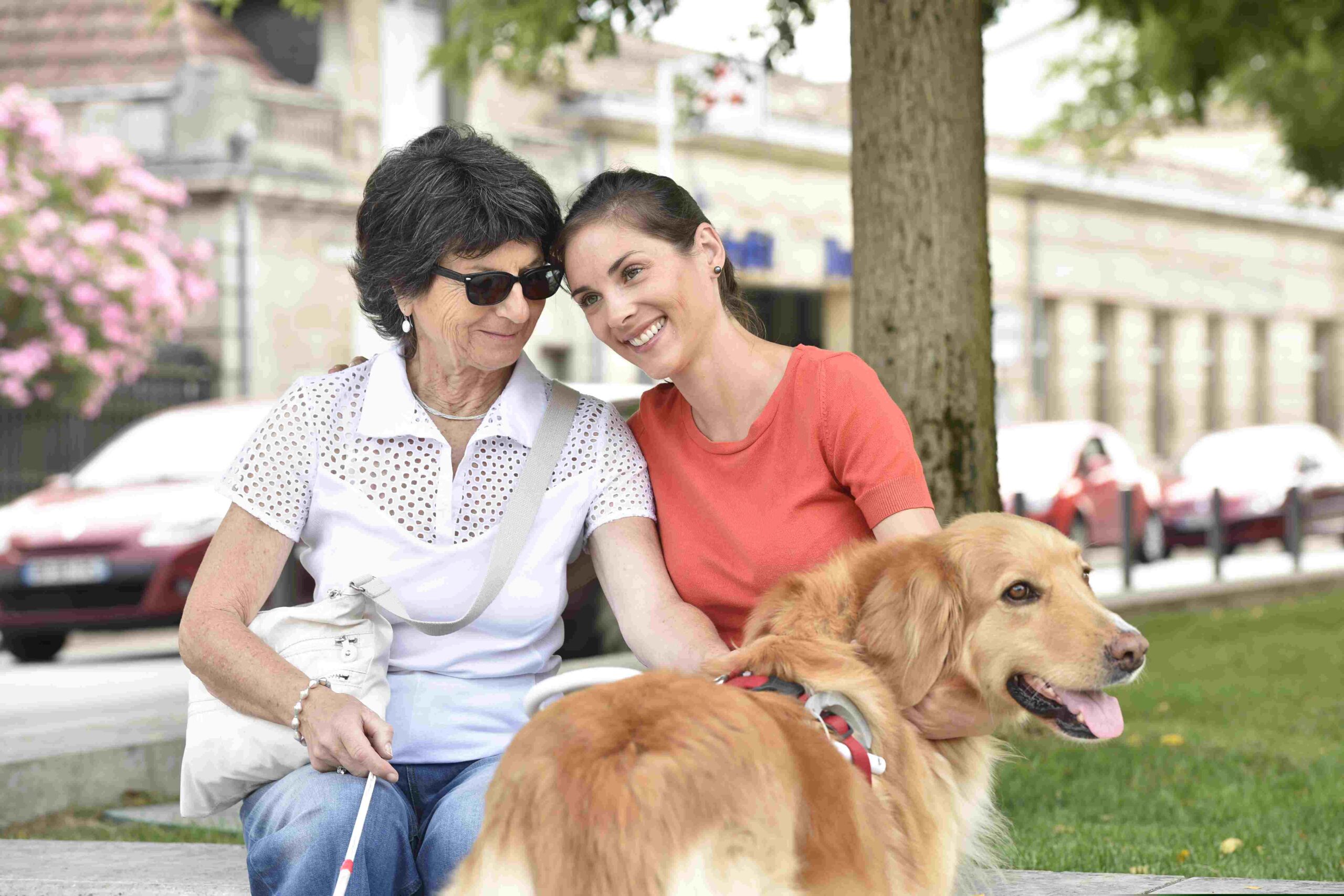 Niewidoma kobieta w średnim wieku i jej dorosłą córka siedzą na ławce, uśmiechają się. A obok jest pies przewodnik.