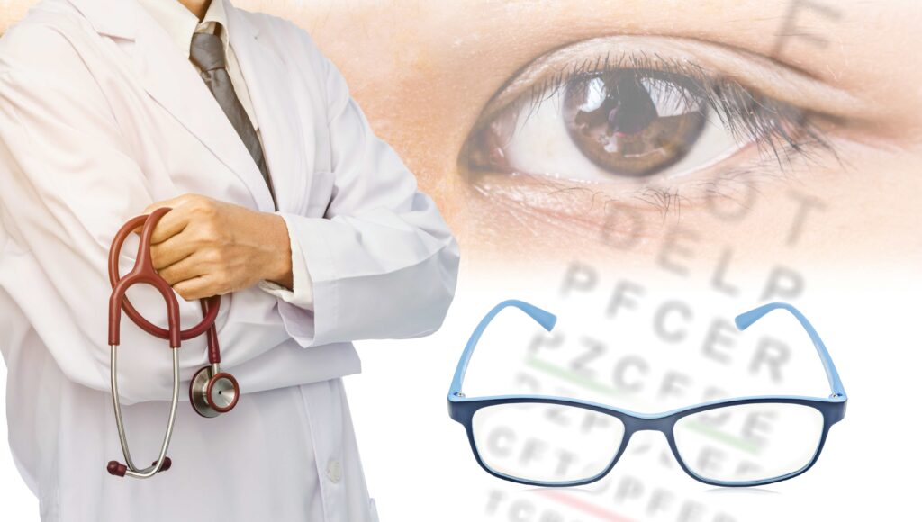 Z lewej: lekarz trzymający stetoskop. Z prawej: na tle tablicy do badania wzroku – na górze ludzkie oko z bliska, na dole leżące okulary