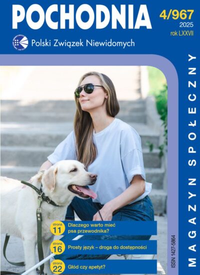 Na okładce kobieta z białą laską z psem przewodnikiem.