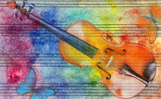 Rysunek skrzypieć i pięciolinia na tle kolorowego tła.