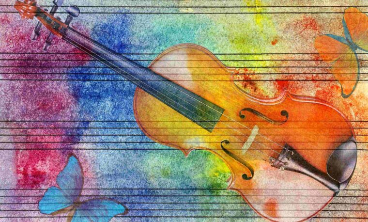 Rysunek skrzypieć i pięciolinia na tle kolorowego tła.