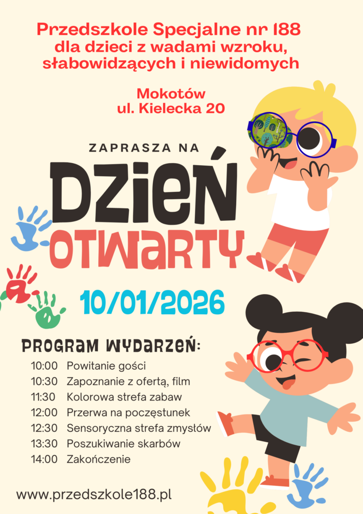 Plakat informacyjny "Dnia Otwartego: w Przedszkolu nr 188 w Warszawie.