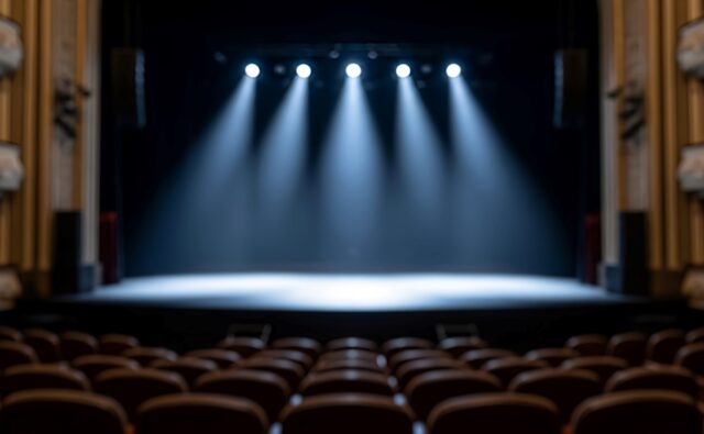 Reflektory oświetlają scenę w teatrze.