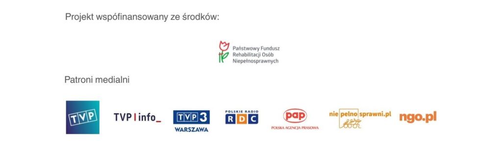 Pasek z logo PFRON oraz logami patronów medialnych.