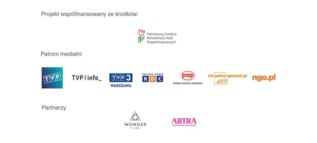 Pasek z logotypami -PFRON, partnerów i patronów medialnych.