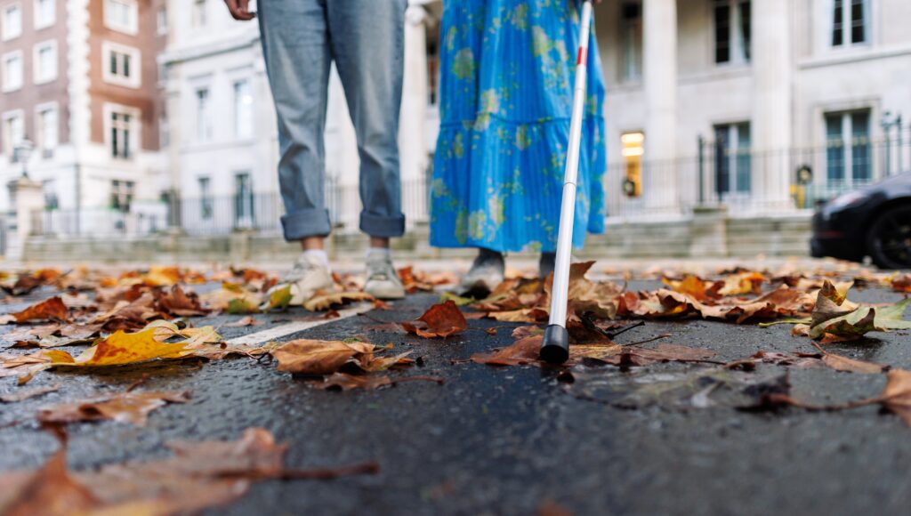 Na zdjęciu dwie osoby, jedna niewidoma z laską. Na ulicy jesienne liście.