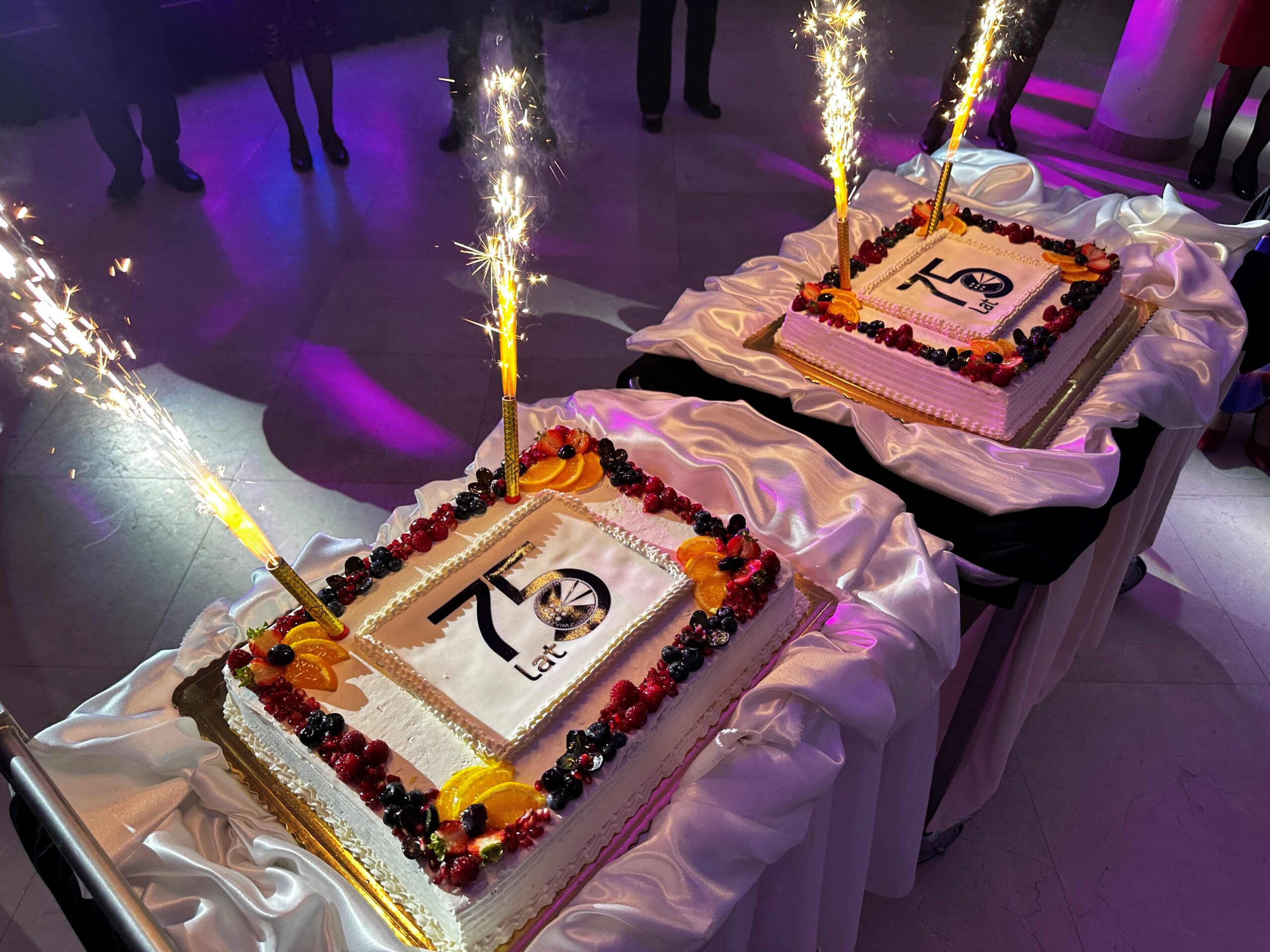 Na dwóch stolikach przykrytych białymi obrusami takie same dwa prostokątne białe torty. Na środku logo 75 lat PZN w złotej ramce. Wzdłuż krawędzi tortu większa ramka z owoców: pomarańczy, malin, borówek i innych. W ciasto wbite dwie płonące tortowe race.